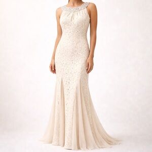 Vintage Pearl Beaded Lace Mermaid Gown Bridal Prom Nude Cream R&M Richards Sz M